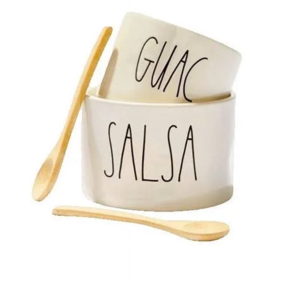 RAE DUNN Artisan Collection Salsa & Guac Bowl Serving Set with 2 Bamboo Spoons - Picture 3 of 9